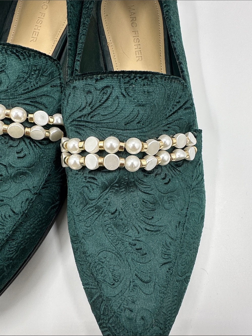 Marc Fisher Kneel Loafers Emerald Green Pearl-Trim Pointed Toe Flats Maximalist